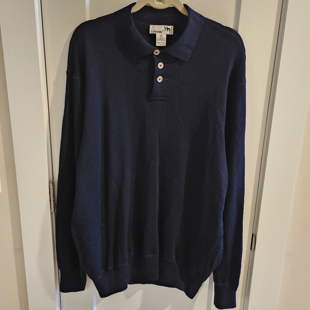 Levrieri Pure Merino Wool Long-Sleeve Polo Sweater - Navy Blue - Size XXL